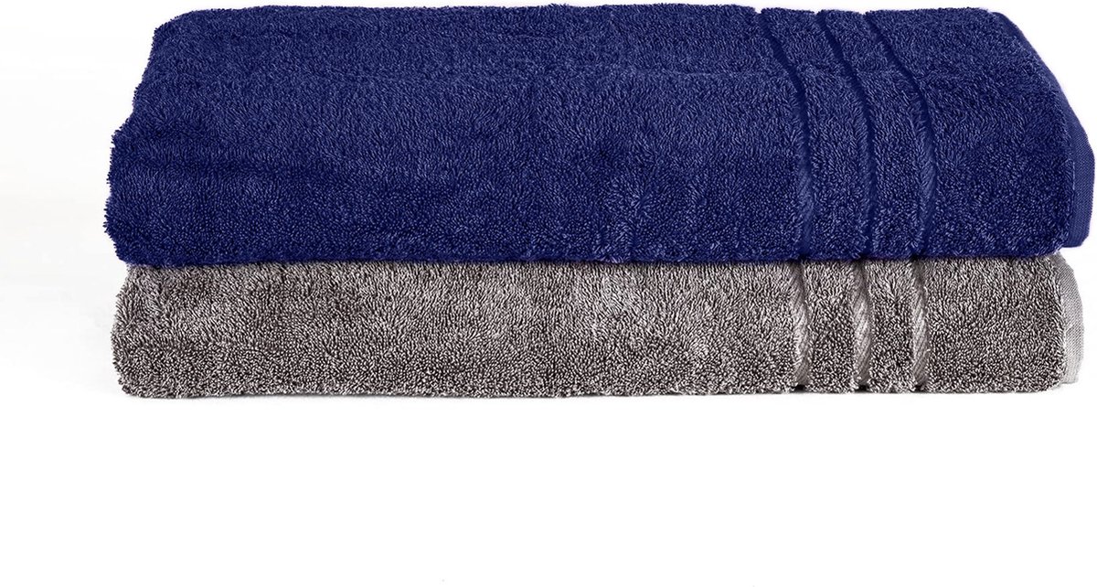 Komfortec Set van 2 Handdoeken 70x200 cm, 100% Katoen, XXL Saunahanddoeken, Saunahanddoek Zacht, Grote badstof, Sneldrogend,Antracietgrijs&Blauw