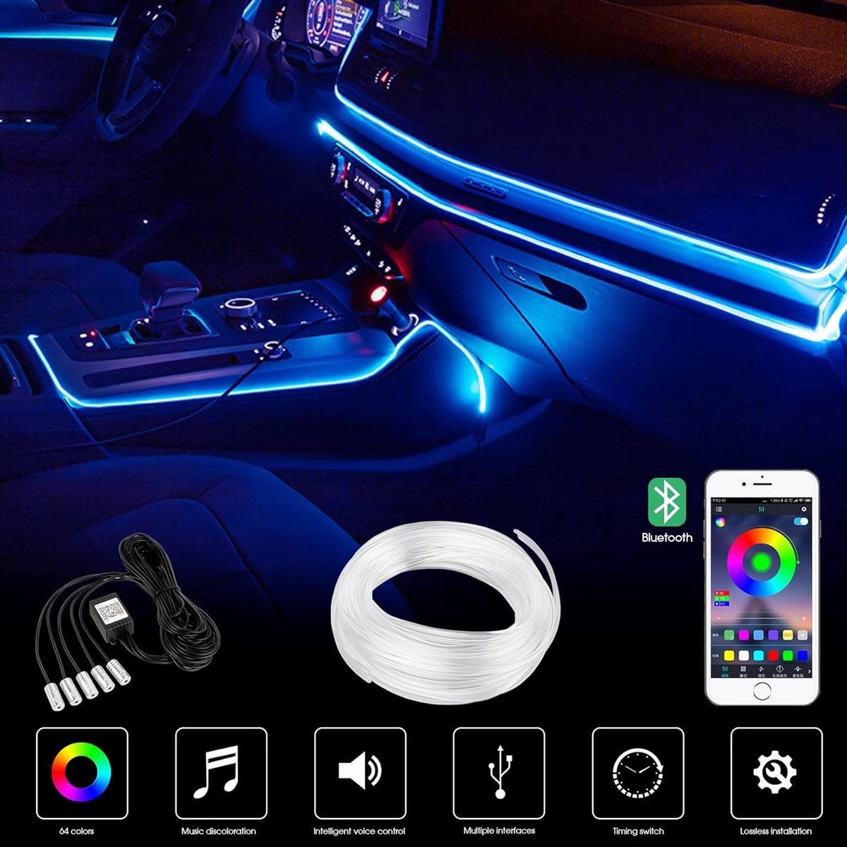 Lumière d'ambiance LED pour voiture, 2M/4M/6M/8M, contrôle du son