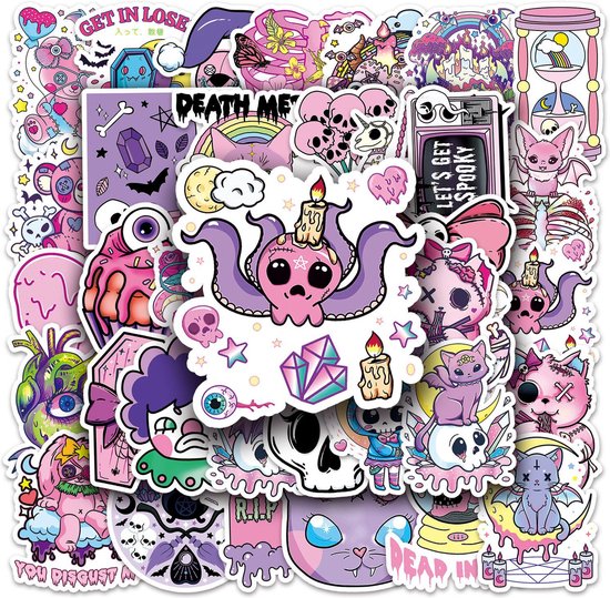 Foto: Coole sticker mix pastel gothic creepy cute 50 stuks paars met skulls bones bows voor halloween decoratie laptop helm muur etc 