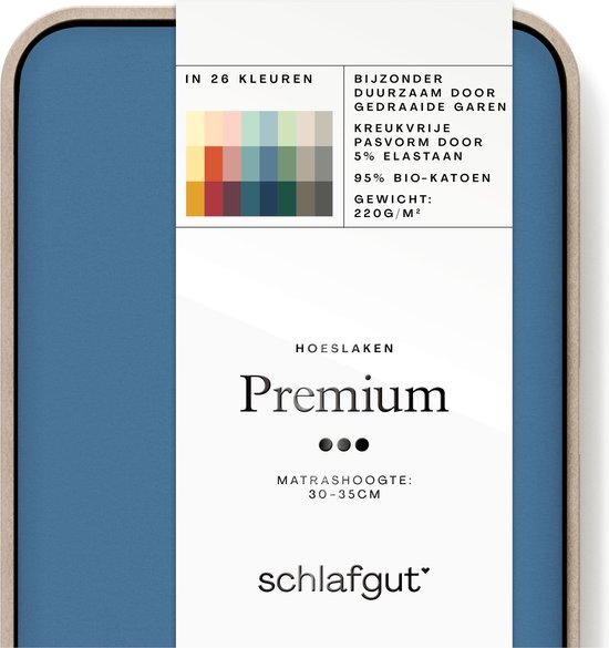 schlafgut Premium drap-housse L - 140x200 - 160x220, 95% de coton organique doux et 5% d’élasthanne, Blue Mid