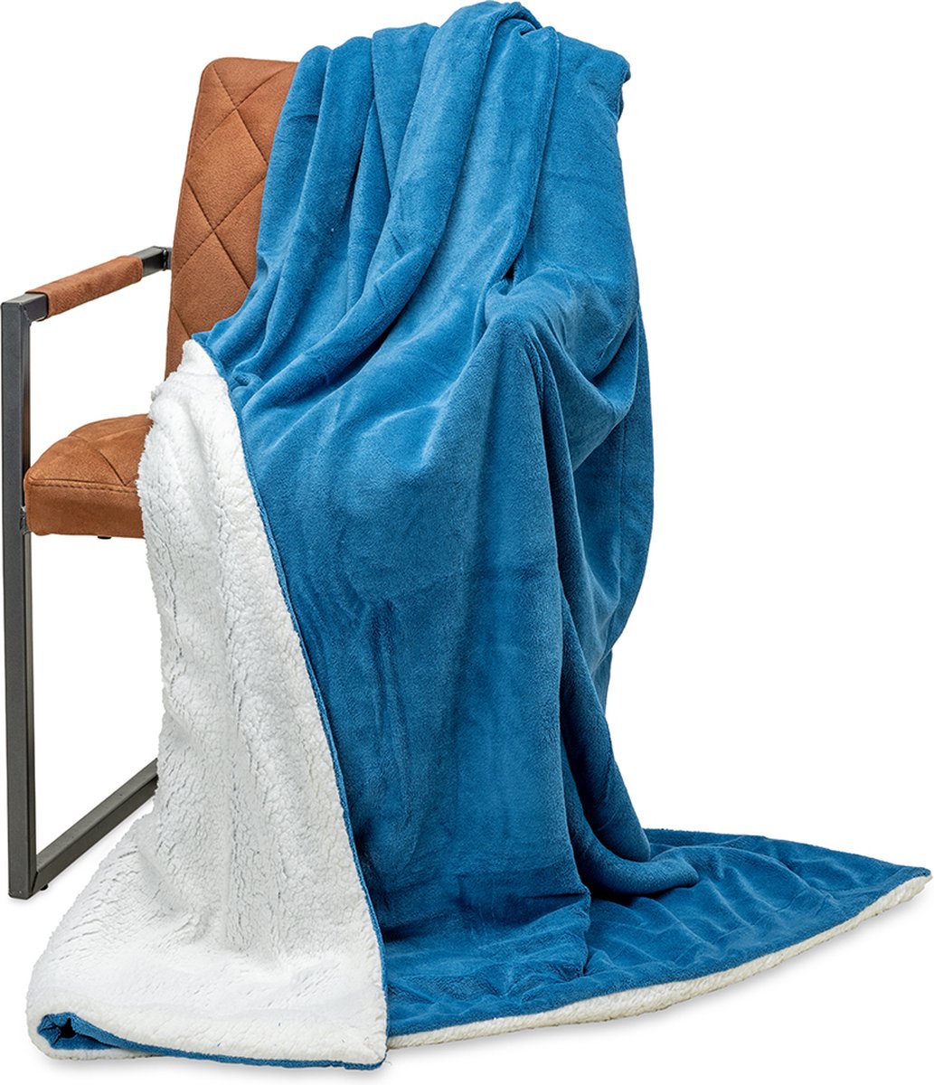 Wicotex - Plaid deken - Fleece Plaid Espoo Blauw - Afmeting 150x200cm met Witte Sherpa binnenkant - Zacht en warme Fleece deken - Plaidfleece
