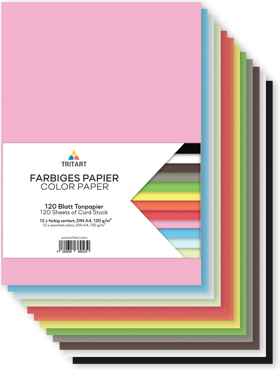 Tritart - Gekleurd papier A4, 130 g/m², 120 vellen stevig knutselpapier, volledig geverfd, stabiel creatief karton om te knutselen, fotokarton, 12 kleuren, doe-het-zelf kleurrijk gekleurd gekleurd papier, knutselkarton