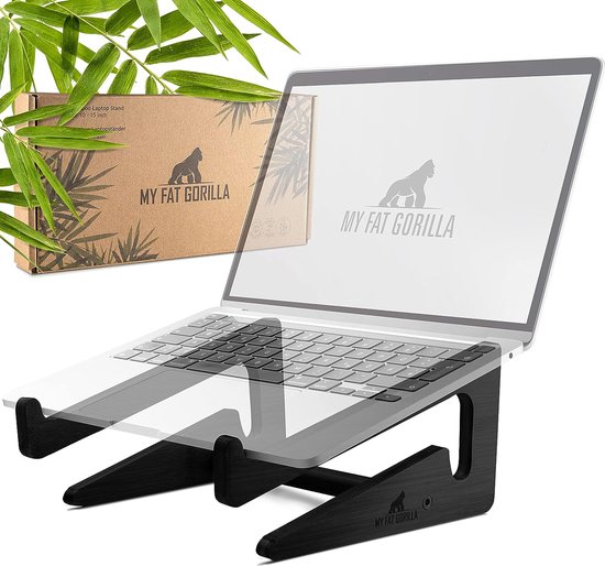 Foto: Laptopstandaard van bamboe ergonomische universele houder voor notebook verhoging compatibel met 10 15 inch laptophouder bureau verticale laptopstandaard bamboezwart 