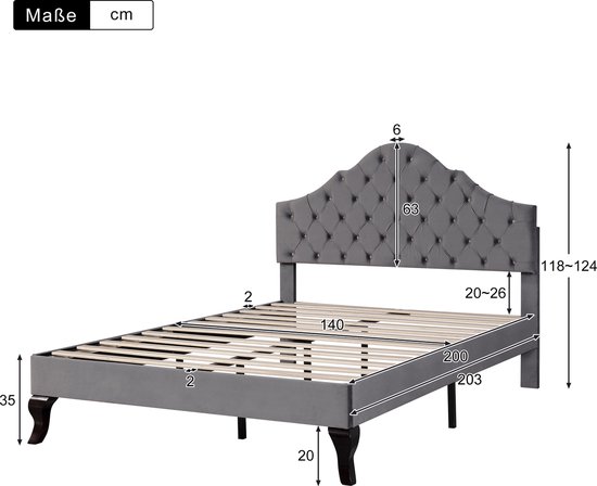 Lit double rembourré Merax - Lit pour 2 personnes avec tête de lit réglable - Grijs