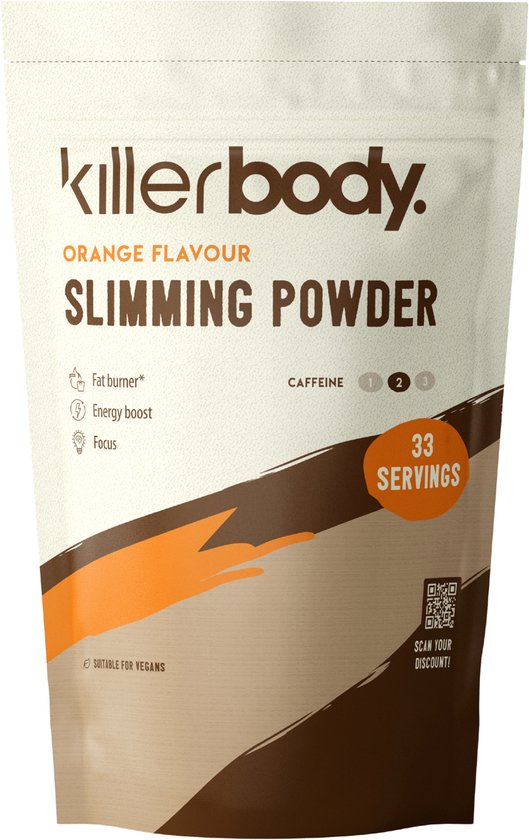 Foto: Killerbody slimming powder orange fat burner pre workout met creatine groene thee 150 mg cafe ne