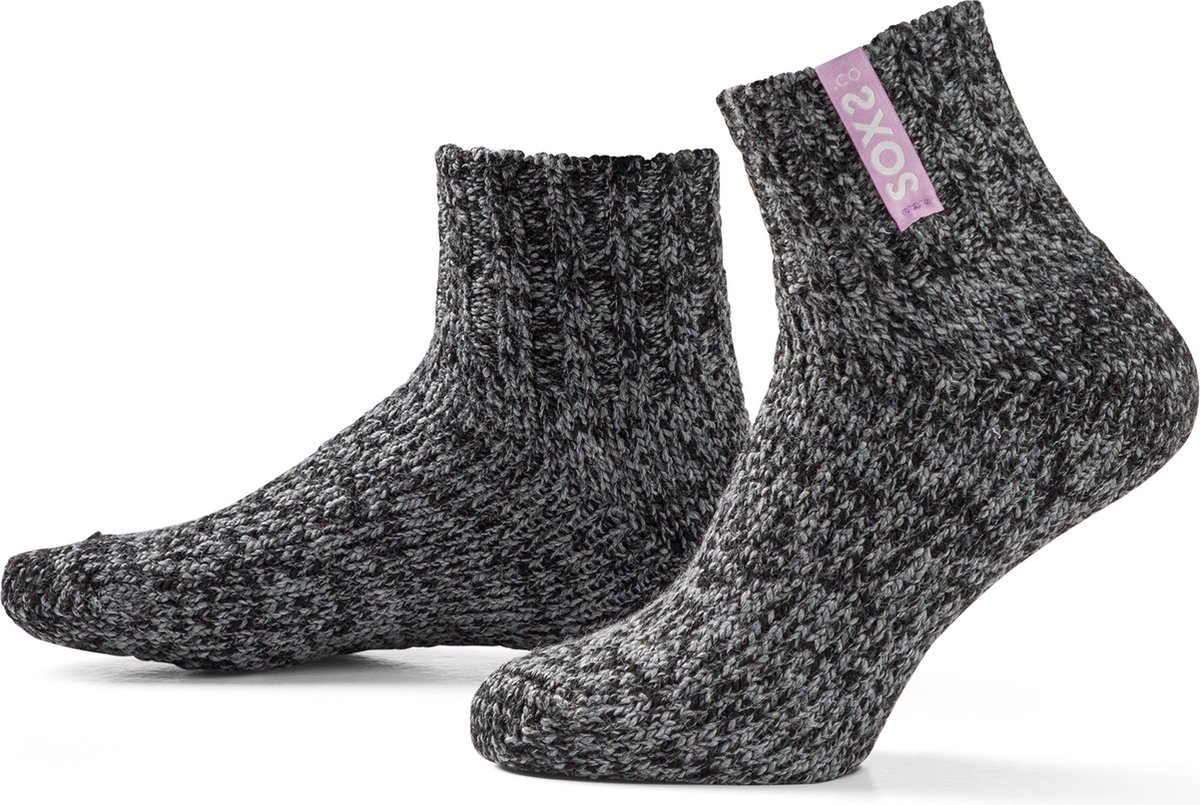 SOXS® Wollen sokken | SOX3626 | Donkergrijs | Enkelhoogte | Maat 37-41 | Antislip | Mauve mist label
