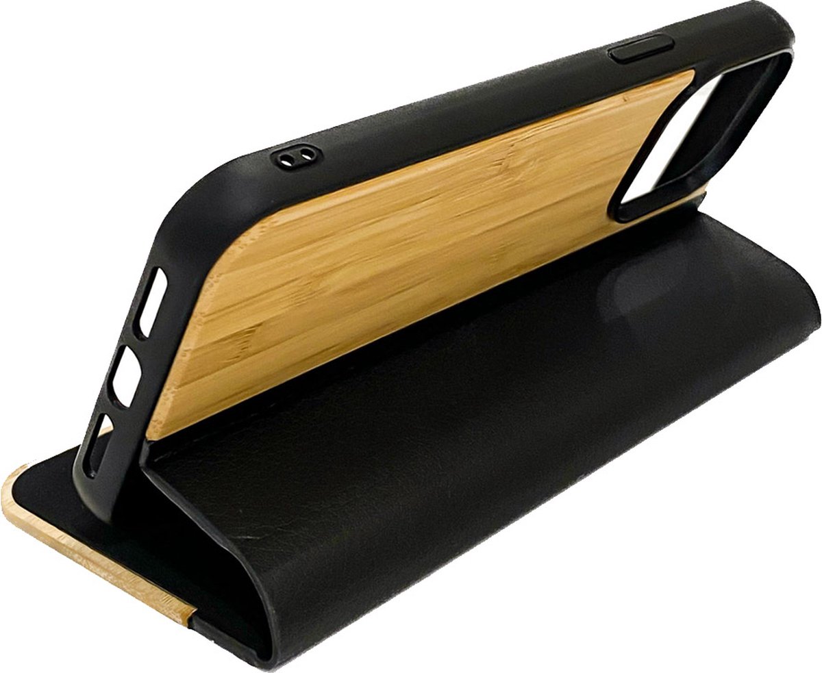 Houten design flip case, iPhone 14 pro – Bamboe met zwart leer