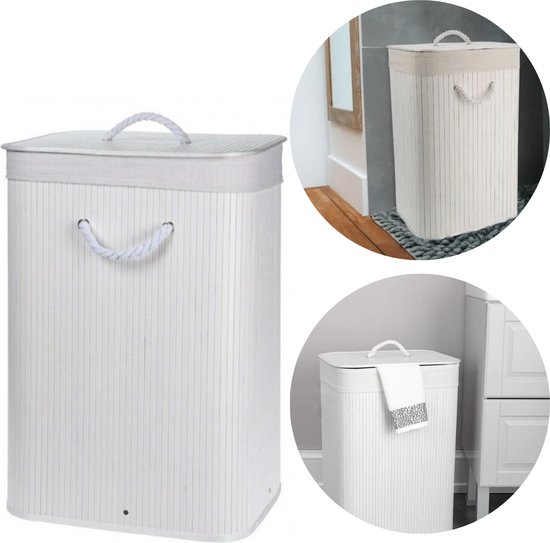 Opvouwbare Wasmand - Opbergmand - Linnenmand - Wasbox - Wassorteerder - Laundry Basket - Wasmand Opvouwbaar - Bamboe Wit - 40x30xH60cm
