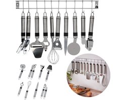 Ophangbare Keukengerei - RVS Keukengerei met Houder - Keukenset Muurhouder - Ophangrek met Haken - Met Blikopener - Kaasschaaf - Garde - Flessenopener - Dunschiller - Schilmes - Pizzaroller - Knoflookpers - 9 Delig Ophangbare Keukengerei - RVS Keukengerei met Houder - Keukenset Muurhouder - Ophangrek met Haken - Met Blikopener - Kaasschaaf - Garde - Flessenopener - Dunschiller - Schilmes - Pizzaroller - Knoflookpers - 9 Delig
