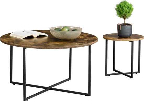 Salontafel Dominica - Set van 2 - Zwart en Houtkleurig - Spaanplaat en Staal - Modern design