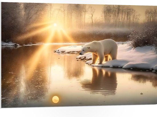 PVC Schuimplaat - IJsbeer bij Beekje in Sneeuw Landschap met Zonsondergang - 105x70 cm Foto op PVC Schuimplaat (Met Ophangsysteem)