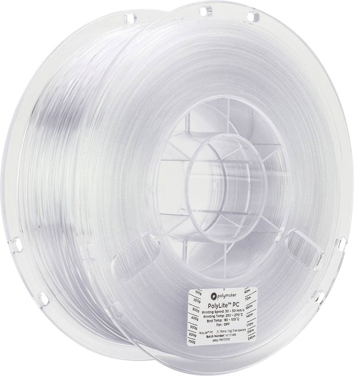 Polymaker PC01001 PolyLite Filament PC (polycarbonaat) Hoge stijfheid, Hittebestendig 1.75 mm 1000 g Transparant 1 stuk Kleurloos