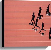 Canvas - Bovenaanzicht van Sprinters met Schaduwen op Atletiekbaan - 40x40 cm Foto op Canvas Schilderij (Wanddecoratie op Canvas)