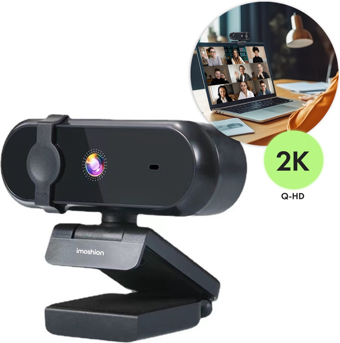 iMoshion 2K Quad-HD Webcam - Webcam met Microfoon en Privacy Cover - 360 graden draaibaar - Plug & Play - Geschikt voor o.a. Apple en Windows - Zwart