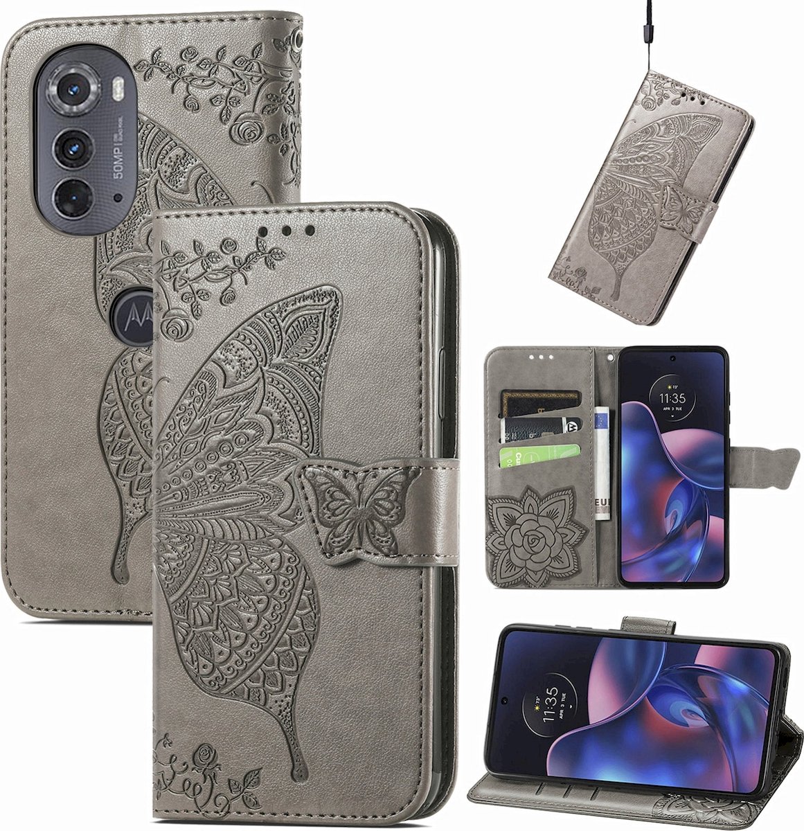 Mobigear Telefoonhoesje geschikt voor Motorola Edge (2022) Hoesje | Mobigear Butterfly Bookcase Portemonnee | Pasjeshouder voor 3 Pasjes | Telefoonhoesje voor Pinpas / OV Kaart / Rijbewijs - Grijs