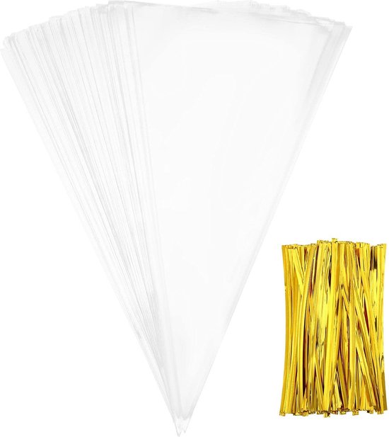 Fako Bijoux® - 100x Sachets Cône Cellophane 30x16cm - Sachet Cône Transparent - Sachet Friandises - Sachet Bonbons - Y Compris Bandes de Fermeture - 16x30cm - 100 Pièces