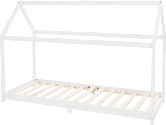 ecomi® Kinderbed met valbescherming en lattenbodem, bed in de vorm van een huisje, ledikant, 90 x 200/80 x 160 cm, in wit/naturel, voor kinderen, wit, 80 x 160 cm