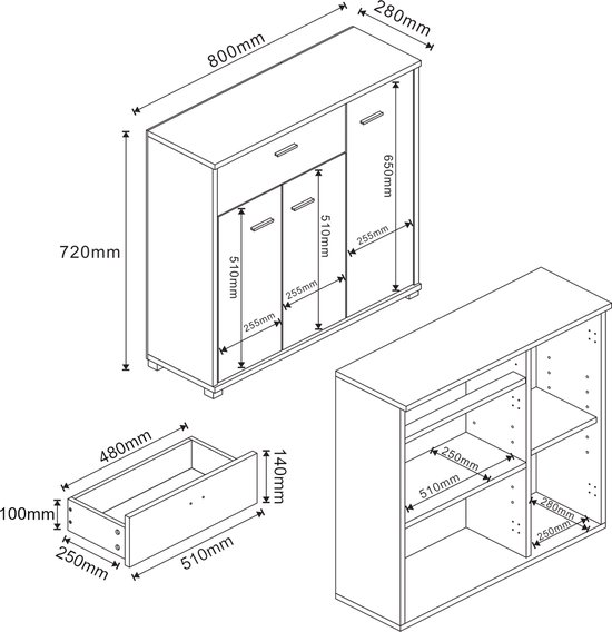 Technische tekeningen van een dressoir met afmetingen in mm.
