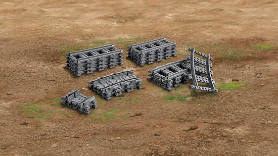 LEGO treinrails: 4 rechte, 8 bocht-, 8 flexibele rails en wisselstukken.