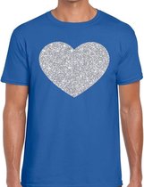 Zilver hart glitter fun t-shirt blauw heren XL