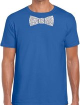 Blauw fun t-shirt met vlinderdas in glitter zilver heren L