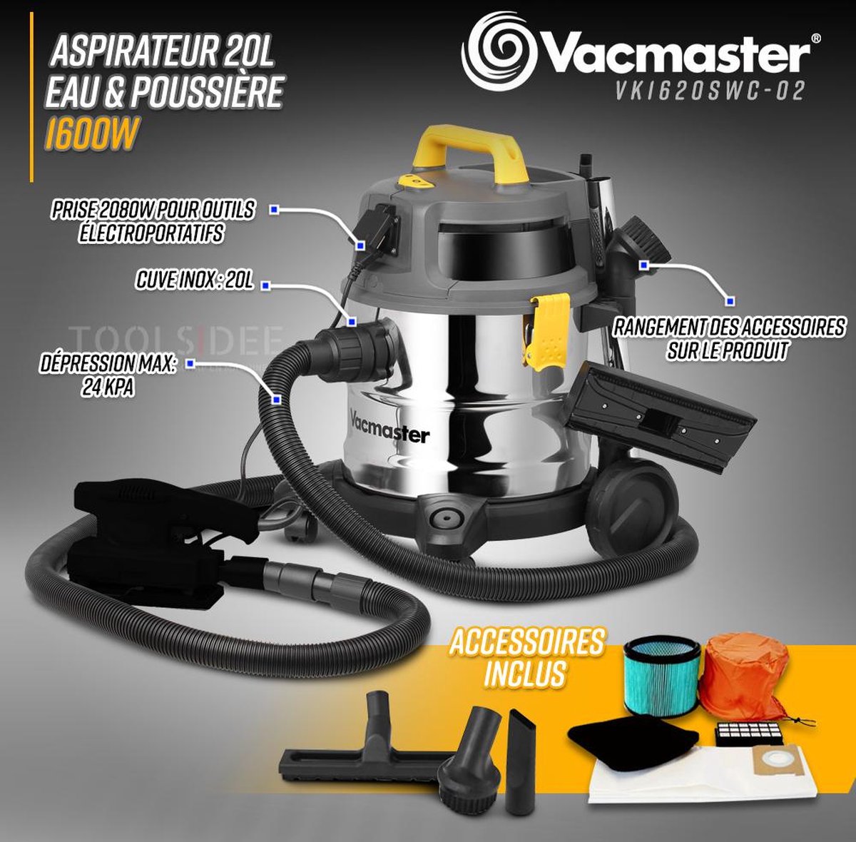 VACMASTER PROFESSIONAL Stofzuiger Nat en droog 1600W 20L RVS