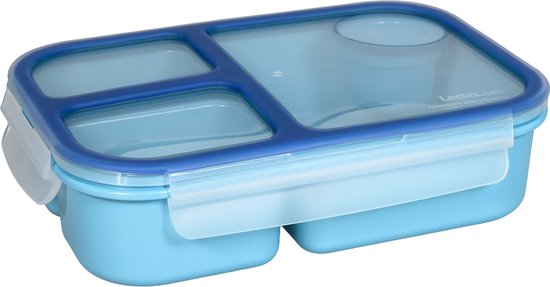 Lock&Lock Lunch Box - Bento Box - Boîte à pain - Salad Lunch Box - Avec 3 compartiments | Coffrets - Avec Dressing | Tasse à Sauce - Adultes et Enfants - To Go - Anti-fuite - Sans BPA - 980 ml - Blauw