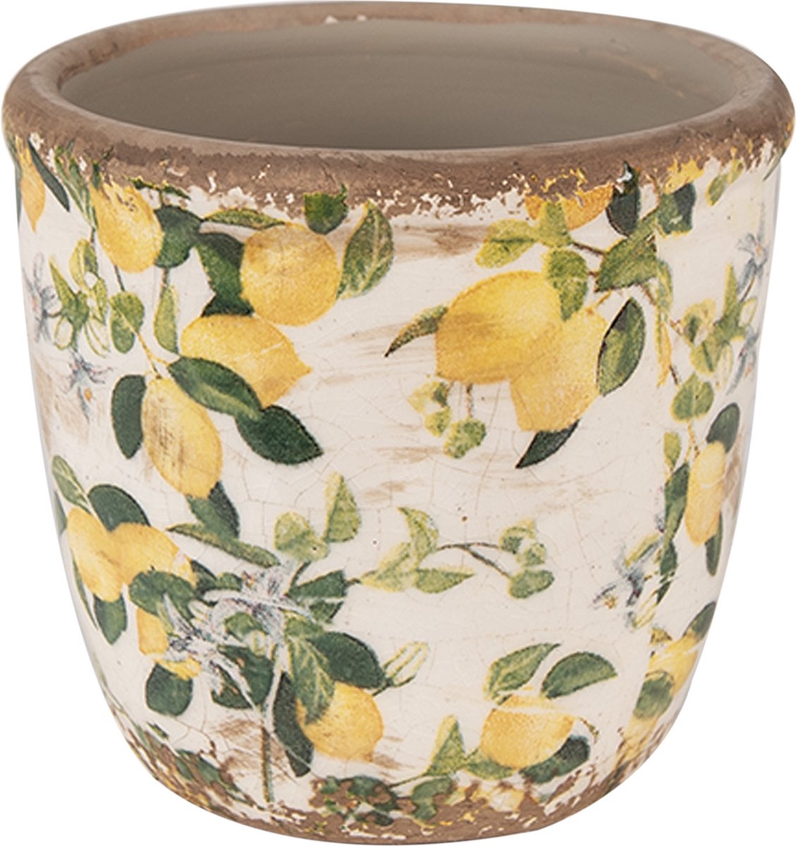 Keramiek Bloempot voor Binnen – Beige Citroenen – Rustieke Pot – Ø 11 cm – Citroenenmotief