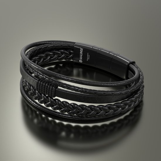 Malinsi Armband Heren - Zwart Snoeren - RVS en Leer - 20 cm + 2 cm verlengstuk - Armbandje Mannen - Malinsi