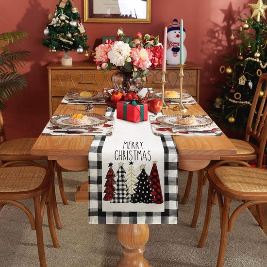 Kerst Tafelloper - Kerst Decoratie - Kerst - Tafelkleed - Linnen - Kerstbomen motief - Afmetingen 180x30cm