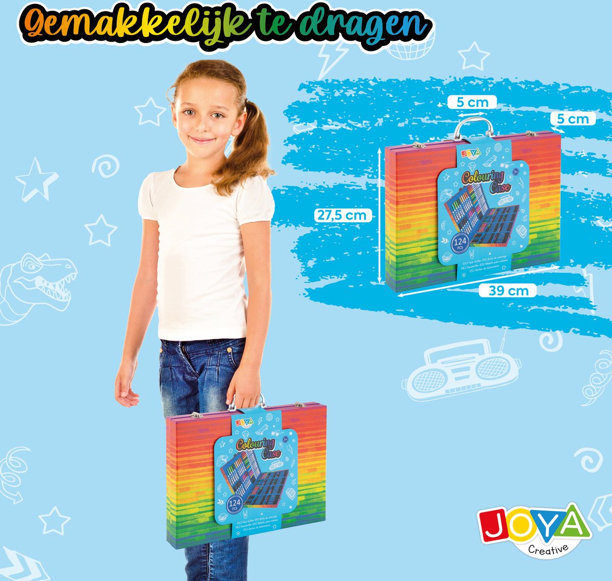 Tekendoos voor Kinderen 124pcs - Tekenset - Knutselpakketten - 15 tekenvellen - Stiften - Kleurpotloden - Waskrijt - Prachtige opbergkoffer - Joya Creative — afbeelding 3