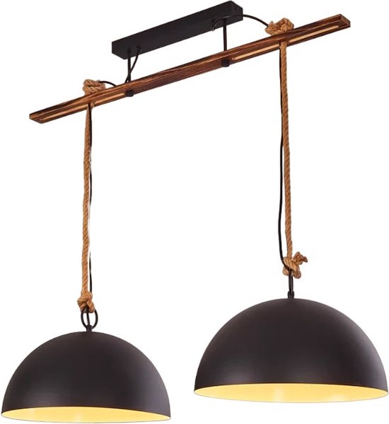 Plafondlamp hanglamp natuurlijk hout 2 lampen - plafondlamp zwart metaal natuurlijk hout e27 fitting - plafondlamp met vervangbare lampen - vintage plafondlamp voor binnen - plafondlamp touw donker hout - plafondlamp verstelbaar woonkamer eetkamer