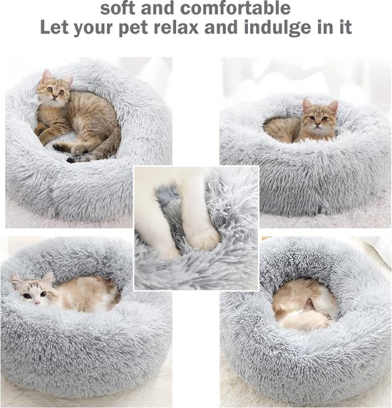 Lit pour chat, laineux, rond, peluche, beignet, coussin douillet pour chien - lit pour chien, lavable, S/M/L/XL/ XXL pour petits, moyens et grands chiens, chats et autres animaux de compagnie (L 60 cm, gris clair )