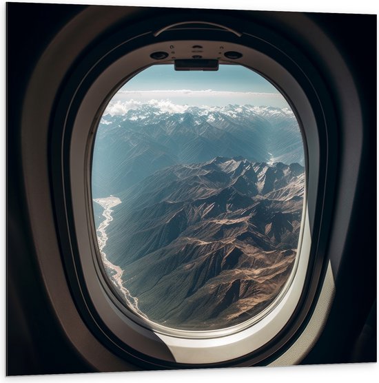 Dibond - Uitzicht op Gebergte vanuit Vliegtuig - 100x100 cm Foto op Aluminium (Met Ophangsysteem)