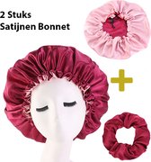 2 STUKS Satijnen Bonnet + Scrunchie - Satijnen Slaapmuts - Bonnet voor Krullen - Haar Bonnet - Hair Bonnet - Satin Bonnet - Afro - Unisex - Rood - Donker Rood - Red