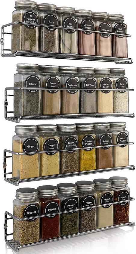 Comforder Kruidenrek Ophangbaar - Kruiden Organizer - 4 Keukenrekken - Spice Rack - voor 24 Kruidenpotjes - Zilver