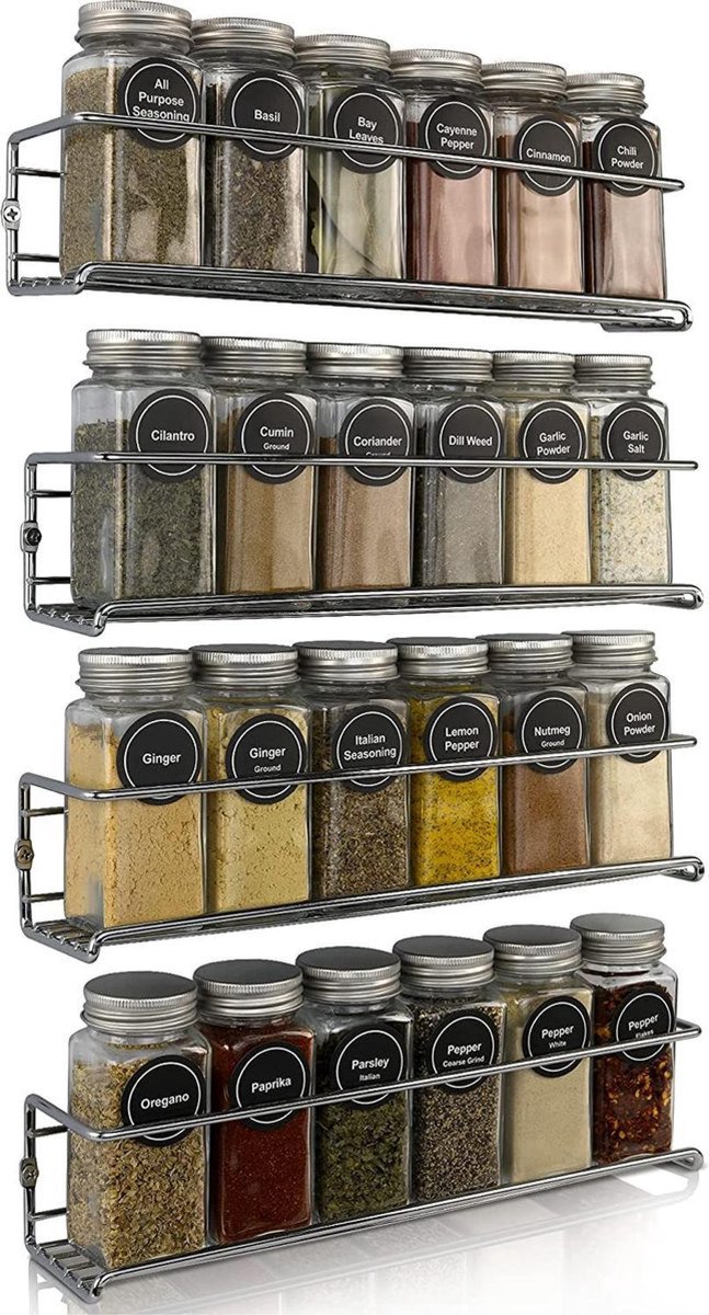 Comforder Kruidenrek Ophangbaar Kruiden Organizer 4 Keukenrekken Spice Rack voor 24 Kruidenpotjes Zilver