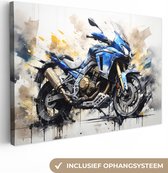 Canvas Schilderij Motor - Bike - Graffiti - Pastel - Blauw - Wit - Goud - 90x60 cm - Wanddecoratie