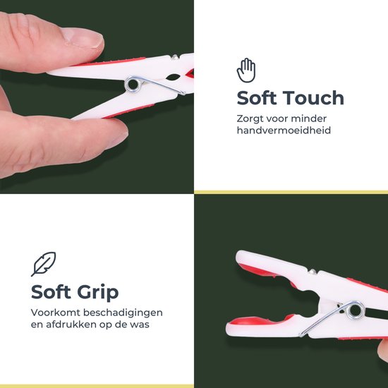 Hand houdt een witte wasknijper met rode grip vast, "Soft Touch".