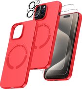 Hoesje Geschikt voor iPhone 15 Pro Silicone backcover met Magnetisch Ring incl 2x gehard glazen screenprotector & 1x cameraLens protector – Rood