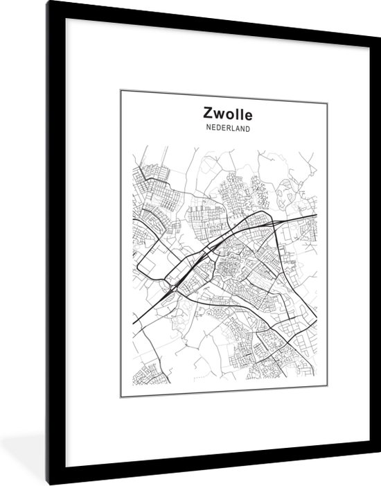 Cadre photo avec affiche Zwart Wit- Plan de la ville - Zwolle - Zwart Wit - 60x80 cm - Cadre pour affiche