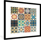 Fotolijst incl. Poster - Bloemen - Vintage - Patroon - Blauw - Oranje - 40x40 cm - Posterlijst