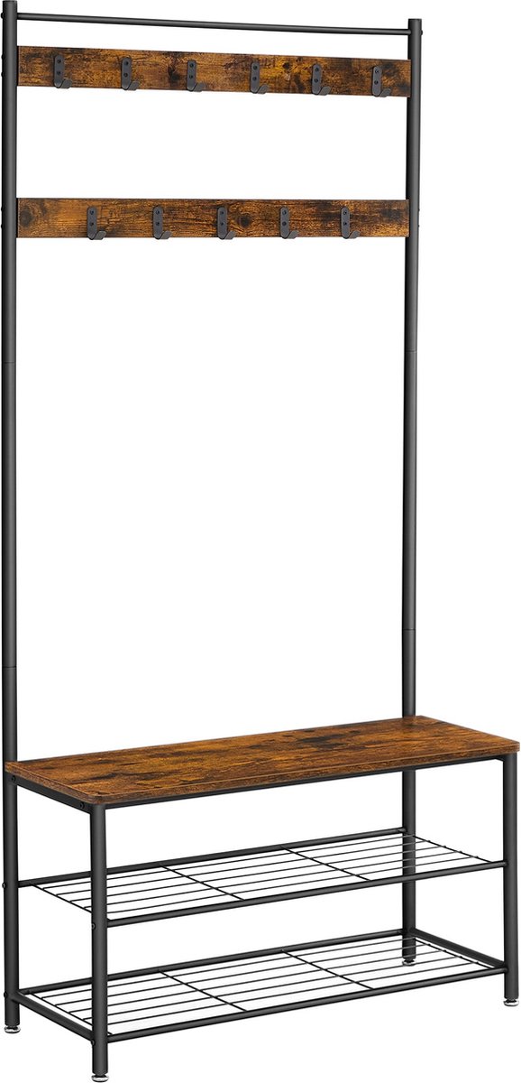 Kapstok - met 2 schoenenplanken - Metalen frame en houten Bank - Bruin zwart