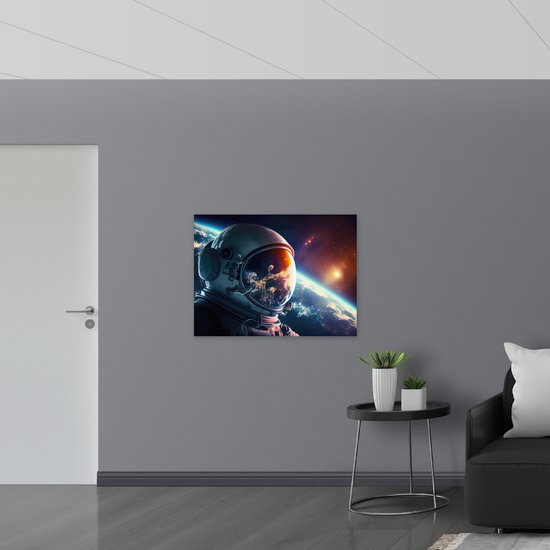 Poster Glanzend – Astronaut - Galaxy - Sterren - Aarde - 100x75 cm Foto op Posterpapier met Glanzende Afwerking