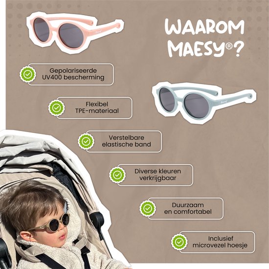 Maesy - baby zonnebril Noah - 0-2 jaar - flexibel buigbaar - verstelbaar elastiek - gepolariseerde UV400 bescherming - jongens en meisjes - babyzonnebril ovaal - taupe bruin - Maesy