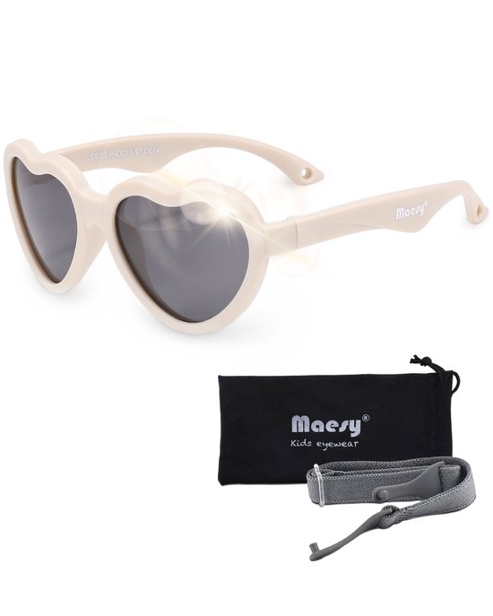 Maesy - baby zonnebril Maes - 0-2 jaar - flexibel buigbaar - verstelbaar elastiek - gepolariseerde UV400 bescherming - jongens en meisjes - hartvormige babyzonnebril - beige ecru