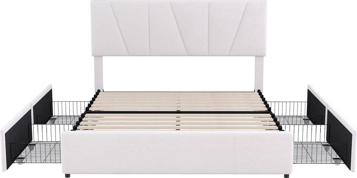 Tweepersoons gestoffeerd platformbed met vier laden aan twee zijden, verstelbaar hoofdeinde, beige (140 x 200 cm)