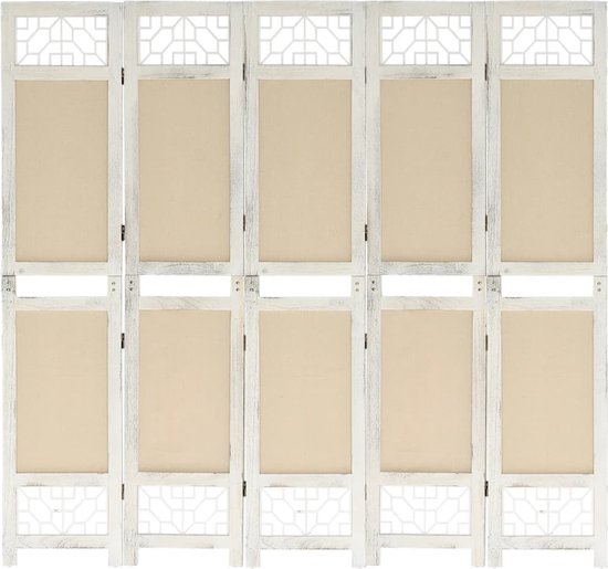 The Living Store Séparateur de pièce - 5 panneaux - 175 x 165 cm - Structure robuste en bois de paulownia et MDF - Revêtement en tissu durable - Crème et blanc - Assemblage requis