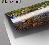 Poster Glanzend – Bergen - Water - Bomen - Groen - Grijs - 60x40 cm Foto op Posterpapier met Glanzende Afwerking