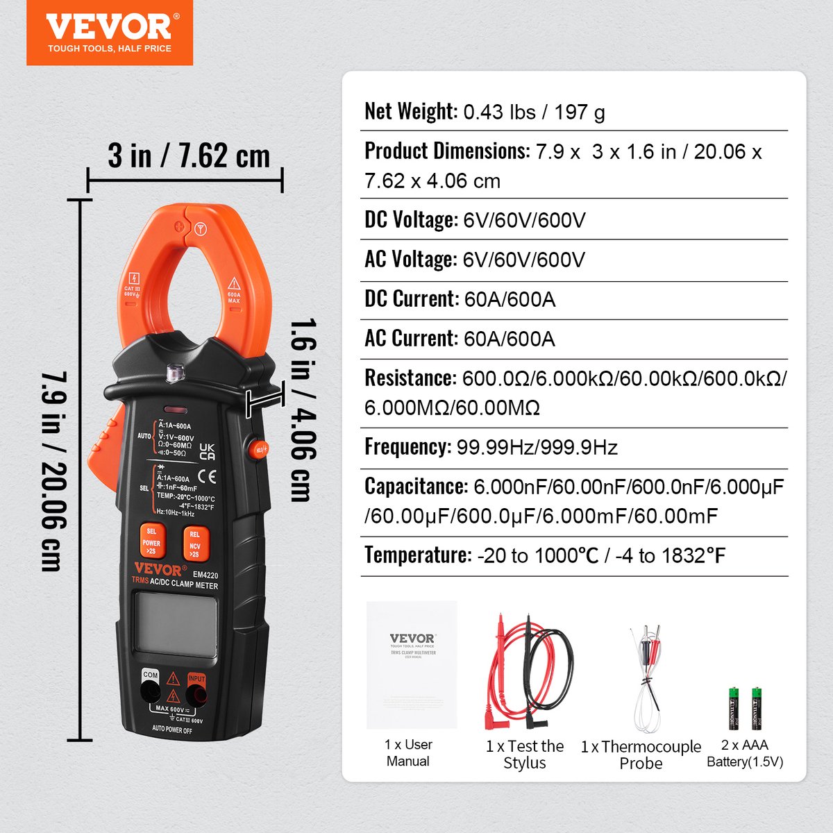 Pince ampèremétrique VEVOR 600A - avec écran LCD (comptes) : 5999 - True -  Multimètre